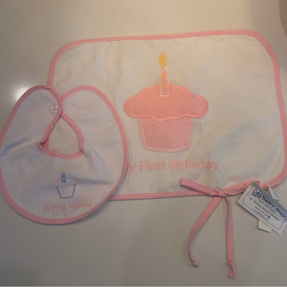 Bailey Boys Pink and White Birthday Bib and Mat Set! New with tags! 1st birthday
